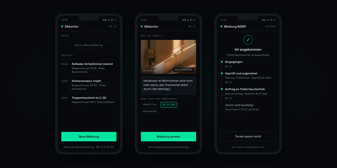 Beispielansicht der Melde-App auf drei Handybildschirmen